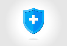 Blue Medical Health Protection Shield With Cross. Healthcare Medicine Protected Steel Guard Concept Symbol. Vector Insurance Icon Isolated Illustration