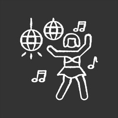 Poster - Go go dancer chalk white icon on black background. Trendy night club recreation, rave party. Energizing dancer, young clubber dancing on nightclub stage isolated vector chalkboard illustration