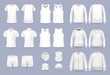 Blank white collection of men's clothing templates. T-shirt, hoodie, sweatshirt, short sleeve polo shirt, jacket bomber, head bandanas and cap, tank top, neck scarf and buff. Realistic vector mock up