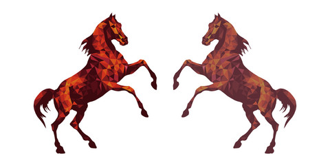  two red horses standing on their hind legs, isolated image on a white background in the low poly style