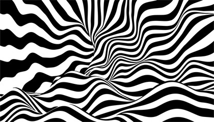 Optical illusion wave. Chess waves board. Abstract 3d black and white illusions. Horizontal lines stripes pattern or background with wavy distortion effect. Vector illustration.