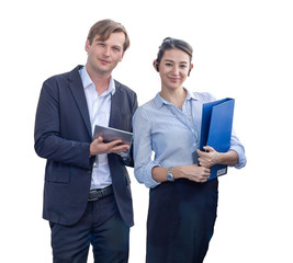 Business couple  walking have a tablet and a file in hand Smile and look at the camera. isolated on white background with clipping path.