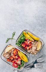 Vegetarian healthy meal prep containers . Raw vegetables and quinoa for lunch on light background. Vegan, healthy, detox food concept. Top view