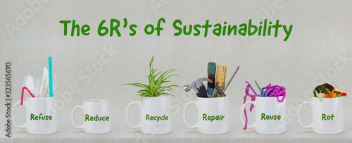 The 6 R\'s of Sustainability, illustrated in 6 mugs with relevant contents. Refuse, reduce, recycle, repair, reuse, rot. Ecological lifestyle, sustainable living and zero waste concept.