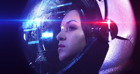 Wall Mural - young beautiful female astronaut in space helmet looking at camera. she is exploring outer space in 