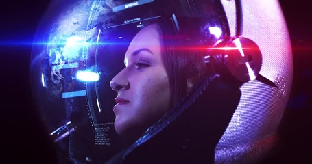 Wall Mural - portrait 4k shot of the young smiling female astronaut in space helmet. she is exploring outer space
