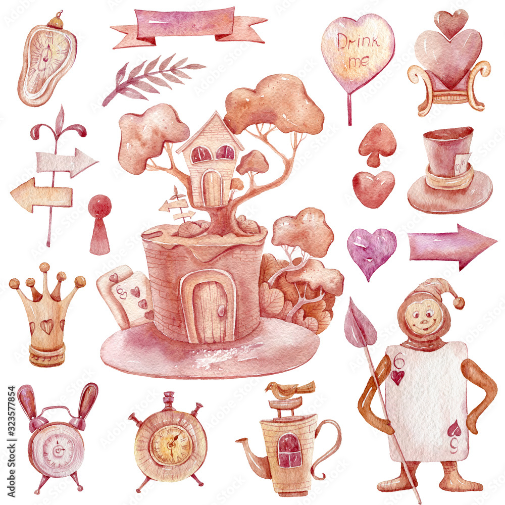 Watercolor hand painted Alice in wonderland clipart. Illustration ...