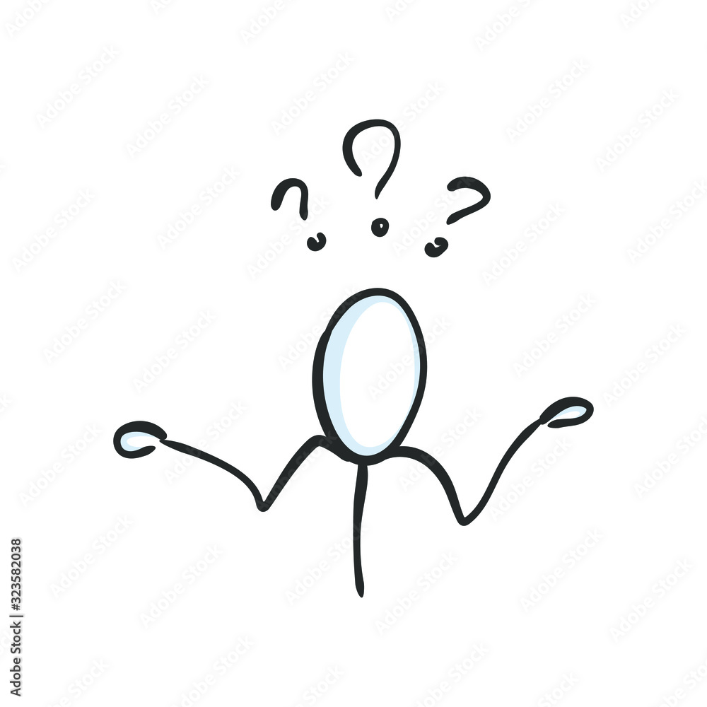 Why? aksing question, not understanding. Asking a reason, truth. Stickman. Hand drawn. Doodle sketch, Vector graphic illustration - obrazy, fototapety, plakaty 
