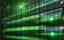 Green Binary Code Matrix Digital Internet Technology Concept On Server Room Background.