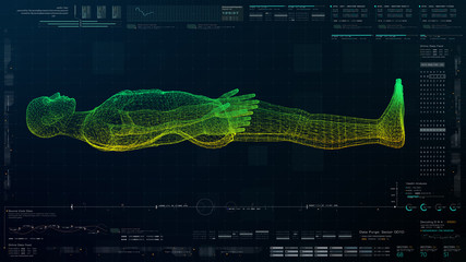 Sticker - Futuristic head up display motion element virtual biomedical holographic human body scan neurological examination, axial skeleton, vertebral column, DNA and heart diagnostic for background display