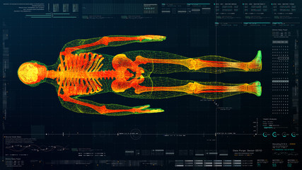 Sticker - Futuristic head up display motion element virtual biomedical holographic human body scan neurological examination, axial skeleton, vertebral column, DNA and heart diagnostic for background display