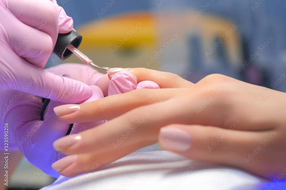 Manicurist master is covering painting client's nails shellac, hands closeup. Professional manicure in beauty salon. Hygiene and care for hands. Beauty industry concept. - obrazy, fototapety, plakaty 