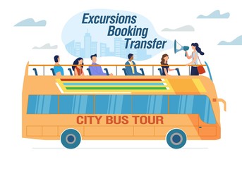 city bus tour and excursion booking transfer advert. happy excited people tourist traveling with gui