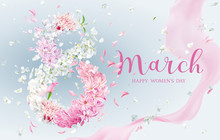 Floral Vector Greeting Card For 8 March In Watercolor Style With Lettering Design