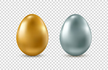 Vector Golden And Silver Realistic Easter Eggs On Transparent Background.