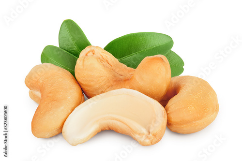 Fotografía Roasted Cashew nuts with leaf isolated on white background with clipping path and full depth of field