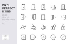 Open Door Line Icon Set. Login, Logout, Register, Password, Vip Entrance, Key, Lock, Exit Minimal Vector Illustrations. Simple Outline Signs For Web Application. 30x30 Pixel Perfect. Editable Strokes