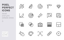 Photo Edit Line Icon Set. Image Filter, Add Sticker, Adjust Curves, Glow, Heal Minimal Vector Illustration. Simple Outline Signs For Photography Application Ui. 30x30 Pixel Perfect. Editable Strokes