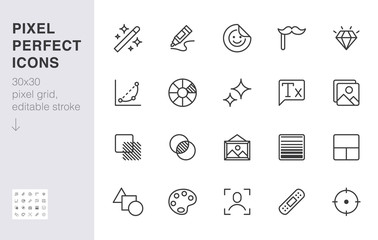 Photo edit line icon set. Image filter, add sticker, adjust curves, glow, heal minimal vector illustration. Simple outline signs for photography application ui. 30x30 Pixel Perfect. Editable Strokes