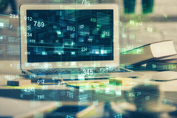 multi exposure of desktop computer and technology theme hologram. concept of software development.