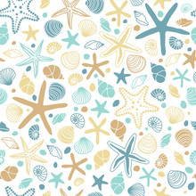 Seamless Pattern With Hand Drawn Seashells, Neutral Colors Marine Theme In Minimal Scandinavian Style