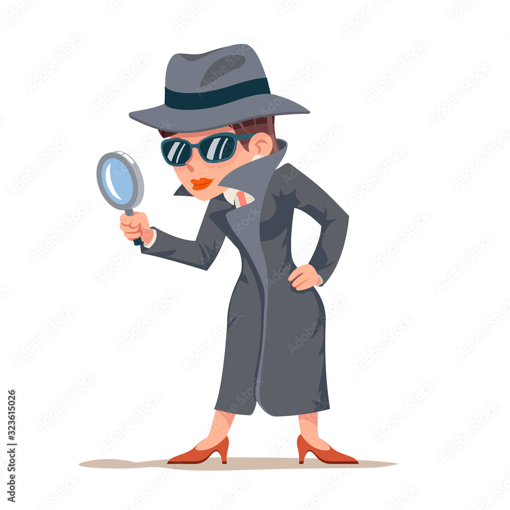 Little detective woman snoop magnifying glass tec search help female cartoon  character design isolated vector illustration Stock Vector | Adobe Stock, image size:1000x1000