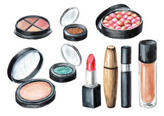 Lipstick, eyeliners, brushes, sponge, mascara and Foundation, face powder and cosmetic balls set. Make-up concept. Hand drawn watercolor illustration,  isolated on white background