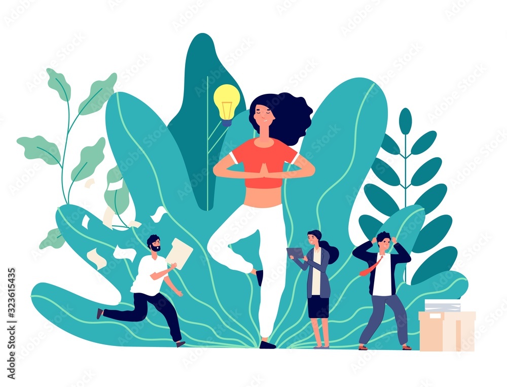 Meditation. Office work balance, creative woman works and thinks. Exercises for searching ideas, emotional business team vector concept. Illustration woman relax in office, balance yoga in business - obrazy, fototapety, plakaty 