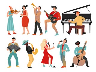 Sticker - Musicians. Professional orchestra and musician band. Isolated people with music instruments. Vector male and female musical characters. Illustration orchestra instrument jazz, male and female musician