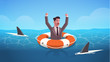 businessman raising hands inside lifebuoy in water full of shark helping business to survive help support financial crisis frustration concept horizontal portrait vector illustration