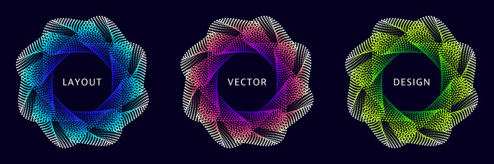 Wall Mural - set of spiral dotted graphic elements on dark background. colorful wavy vector frames.