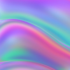 Iridescent holographic effect. Abstract colorful background with curved, wavy, glowing lines. 