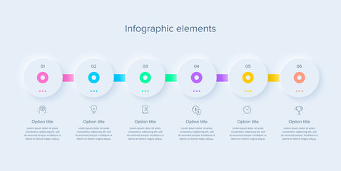 Business process chart infographics with 6 steps in neumorphism design. Square corporate workflow graphic elements. Company flowchart presentation slide template. Vector info graphic.