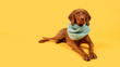 Beautiful hungarian vizsla dog wearing scarf full body studio portrait. Dog lying down and looking at camera over bright yellow background.