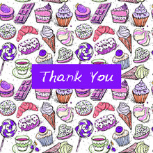 Thank You Card, Note. Hand Drawn Confectionery Seamless Pattern Croissant Cupcake Candy Marshmallow Ice Cream Cake Donut And Coffee, Lilac Pink Beige Mint Isolated On White Background. Vector