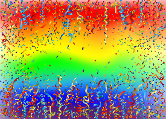 Wall Mural - Horizontal festive rainbow background with bright confetti.