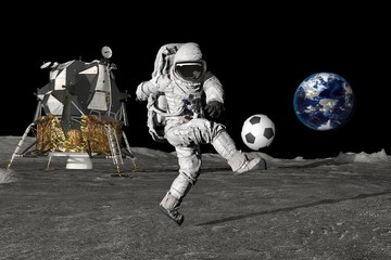Wall Mural - 3d rendering astronaut on the moon playing football. slow motion. elements of this video furnished b