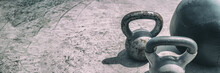 Gym Fitness Center Header Background Panorama Banner. Free Weights Kettlebell And Medicine Ball For Training Workout Texture. Kettlebells Heavy Weight For Weightlifting Cross Training Panoramic.