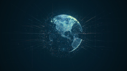 Digital data globe - abstract illustration of a scientific technology data network surrounding planet earth conveying connectivity, complexity and data flood of modern digital age