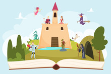 Open Fairy Tale Book. Fantasy Background With Funny Mascot Princess Knight Wizard Witch Vector Cartoon Landscape On Pages. Princess And Medieval Fairytale, Knight And Tower Illustration
