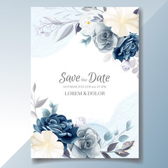 Wall Mural - Navy blue floral wedding invitation card template with golden leaves and watercolor frame