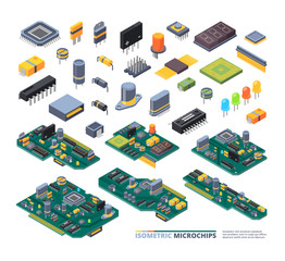 electrical boards isometric. hardware items computer power diodes semiconductors and small chip vect