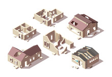 Abandoned Buildings. Isometric Broken Houses City Ruined Objects Vector Architectural Objects Set. Abandoned Isometric Building Architecture, Ruin Construction Outdoor Illustration