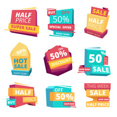 Wall Mural - Half price badges. Advertizing sale banners tags and promo labels vector collection. Price discount percent, half offer badge illustration
