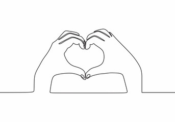 Continuous one line drawing. two hands making love heart symbol with fingers. Minimalism romantic design.