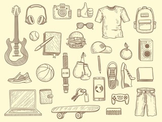 Wall Mural - teenage stuff. young boys and girls clothes and gadgets teenage modern wardrobe vector drawn collect