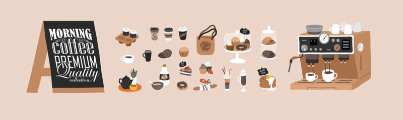 Coffee shop hand drawn collection . Cartoon constructor set. Small business, logo lettering and quote, coffee pots, dessert sweets, coffee machine and stand. Vector