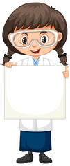 Wall Mural - Girl in science gown with blank sign on white background