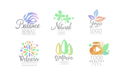 Sticker - Natural Medicine Logo Design Collection, Wellness Center, Healthy Food, Balance Watercolor Badges Vector Illustration