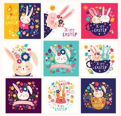 Wall Mural - Big collection of vector Easter holiday cards with cute Easter bunnies, flowers, leaves, birds.